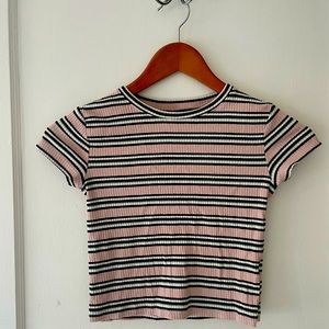 H&M Ribbed Pink/Black/White Striped Baby T. Youth 8/10